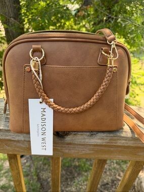 Madison West Brown Braided-Handle Crossbody Bag